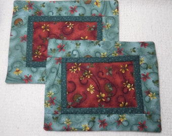 Mug Rugs (2) Muted Winter Prints with Flowers and Basket quilted