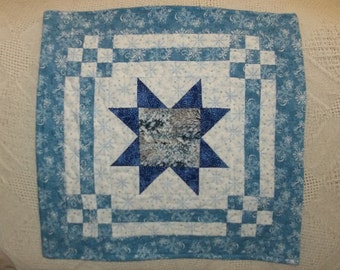 Blue and White Snowflakes Quilted Tabletopper Eight point Navy Star