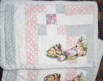 Pastel Quilted Mug Rug with Bunnies and Easter Eggs