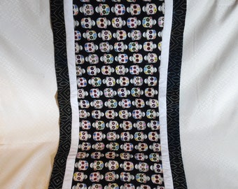 Halloween Quilted Sugar Skulls Table-runner in black and white