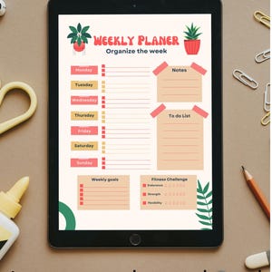 May include: A digital weekly planner template on a tablet. The planner includes sections for each day, notes, to-do lists, weekly goals, and a fitness challenge. The text "Weekly Planner" and "Instant download" are visible.