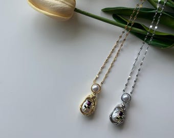 Gold Floral Pearl Pendant Necklace | Vintage Baroque Rose Necklace | Elegant Gift Jewelry