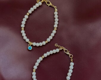 Pulsera de perla de ojo malvado, dije de oro, delicada joya de protección