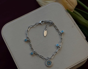 Blue Evil Eye Sterling Silver Chain Charm Bracelet Meaningful Birthday Gift for Her