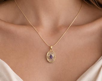 Gold Plated  Bee Pendant Necklace, Amethyst Center Stone, Oval Enamel Jewelry Gift for her