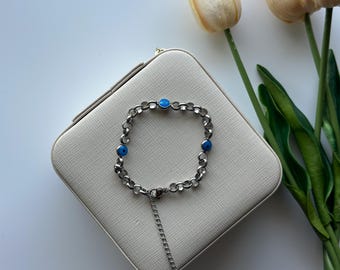 Silver Evil Eye Bracelet, Adjustable Chain Bracelet for Women, Blue Nazar Protection Jewelry Gift