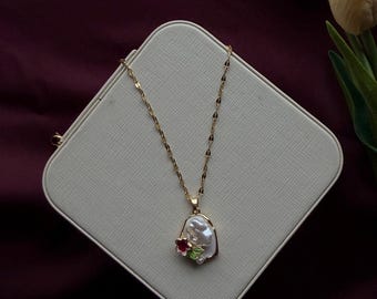 Baroque Pearl Pendant Necklace, Minimalist Floral Gold Necklace Dainty Jewelry Bridesmaid Gift for Her