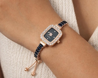Black Charm Jewelry Watch for Women, Dainty Minimalist Tennis Bracelet Christmas gift for Her