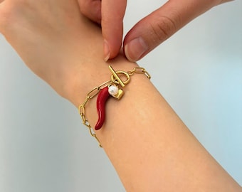 Italian Horn  Bracelet • Gold Paperclip Chain Charm Bracelet • Protection Jewelry • Lucky Gift for Her