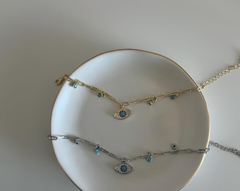Gold Evil Eye Bracelet, Turquoise Accents, Minimalist Protection Charm, Lucky Jewelry