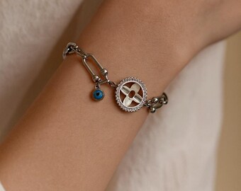 Sterling Silver Evil Eye Charm Bracelet | Adjustable Chain Link