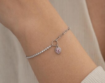 Mothers Day Pink Heart Half Minimalist Silver Tennis Bracelet - 925 Sterling Silver Friendship Gift