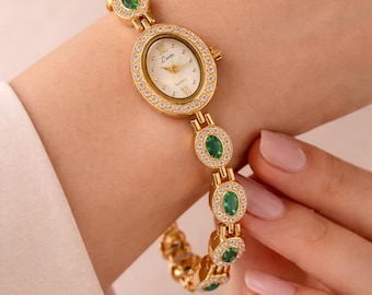 Emerald Gold Bracelet for Women, Vintage Watch, Elegant Jewelry Mother's day Gift for Her