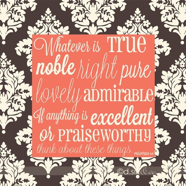12x12 Philippians 4:8 Whatever is True coral and brown with ivory damask cafe mount