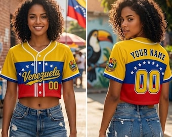 Kundenspezifisches Venezuela-Baseball-Jersey-Crop-Top, personalisiertes Baseball-Shirt mit Namen, Frauen, sportliches Crop-T-Shirt, Venezuela-Flaggen-Spieltag-Outfit
