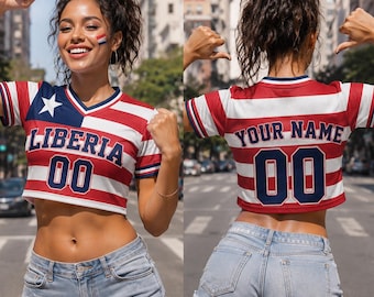 Aangepaste voetbalshirt Liberia, gepersonaliseerd voetbalshirt Liberia voor vrouwen, voetbalshirt jouw naamnummer, cadeau Liberia-fan