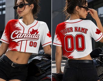 Benutzerdefinierte Kanada Baseball Jersey Crop Top, personalisierte Name Anzahl Baseball-Shirt, Frauen sportliches Crop T-Shirt, Kanada Flagge Spieltag Outfit Geschenk