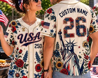 America 250 Baseball Jersey, Custom USA 1776-2026 Shirt, Vaterländisches Blumenbutton Up, Vierter Juli Geschenk für Männer Frauen