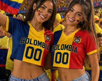 Benutzerdefinierte Kolumbien Jersey Crop Top, personalisierte Kolumbien Fußball Shirt Frauen, Kolumbien Fußballfan Geschenk, dreifarbiger Fußball, benutzerdefinierte Namensnummer
