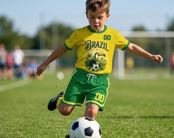 Brazil Soccer Jersey Kids Custom Name Number, Youth Football Shirt, Brazil Fan Tee, Personalized Soccer Outfit, World Cup Style Kids Jersey