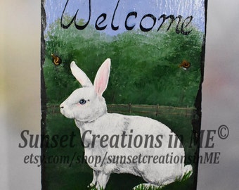 Rabbit, Rabbit Art, White Rabbit, Rex Rabbit, Rabbit Painting, Handpainted Slate, House Slate, House Sign, Acrylic Artwork, Acrylic Painting