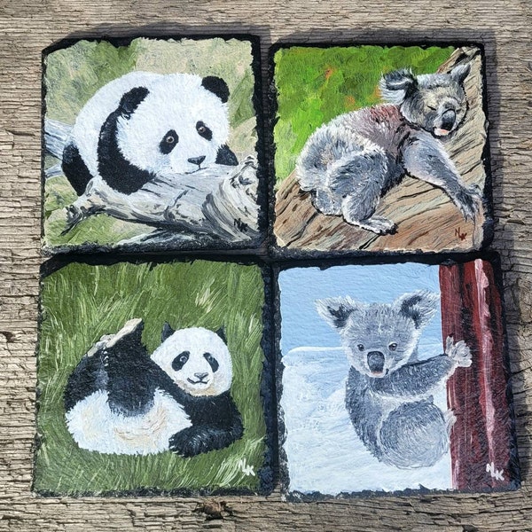 Animal Coaster Set, Panda, Koala, Handmade Gift, Wildlife Art, Kitchenware, Home Decor, Handpainted Coasters, Slate Coaster Set, Gift Idea