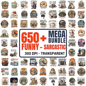 Puede incluir: Una colección digital de más de 650 diseños gráficos divertidos y sarcásticos con varios animales, ilustraciones temáticas de café y eslóganes humorísticos, presentados como un mega paquete de archivos transparentes a 300 DPI.