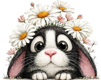 Könnte beinhalten: Eine skurrile Illustration eines schwarz-weißen Kaninchens mit großen, ausdrucksstarken Augen und einer rosa Nase. Das Kaninchen ist mit einem Kranz aus weißen Gänseblümchen mit gelben Zentren und zarten rosa Blüten geschmückt.