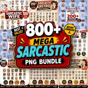 Pacchetto di oltre 800 immagini PNG sarcastiche, divertenti design retrò per magliette, umorismo per adulti (download immediato)