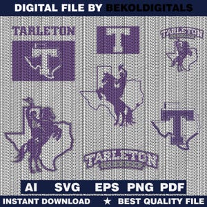 May include: Digital file featuring purple Tarleton State University graphics. Includes a Texas outline with a rider, a flag with a T, and the word "Tarleton". Formats include AI, SVG, EPS, PNG, and PDF.