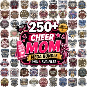 Op de afbeelding: Een digitale collectie van meer dan 250 Cheer Mom grafische ontwerpen met megafoons, pompons, strikken en sportmotieven in diverse kleuren. De centrale afbeelding toont de tekst 250+ CHEER MOM MEGA BUNDLE PNG & SVG FILES.