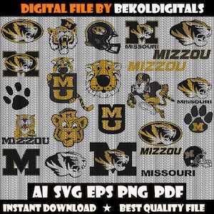 May include: A digital file featuring various Missouri Tigers-themed graphics. Includes tiger head logos, football helmets, paw prints, and the word "MIZZOU" in black and gold. The file formats are AI, SVG, EPS, PNG, and PDF. The text "DIGITAL FILE BY BEKOLDIGITALS" is at the top.