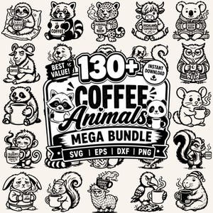 130+ Funny Coffee Animals SVG PNG Bundle, Grumpy Animal Designs, Coffee Lover Clipart