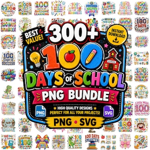 Op de afbeelding: Een digitale collectie van 300+ 100 Days of School PNG- en SVG-ontwerpen met kleurrijke afbeeldingen van appels, potloden, gloeilampen en schoolgebouwen. De centrale afbeelding toont de tekst 300+ 100 DAYS OF SCHOOL PNG BUNDLE.