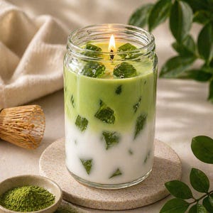 May include: A lit candle in a clear glass jar, with layers of white and green wax, and green cube-shaped wax pieces. A small bowl of green powder and a bamboo whisk are in the foreground. The candle sits on a round, beige coaster.