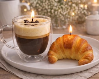 Juego de velas de café y croissant / Velas de pan de panadería con taza de café / Decoración estética para el desayuno