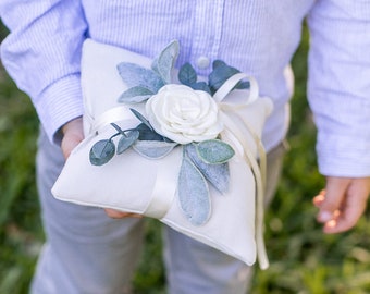 Almohada portadora de anillo / Almohada de anillo de boda / Exhibición de anillo de boda de aspecto de lino marfil / Almohada floral / Almohada verde / Cojín de anillo