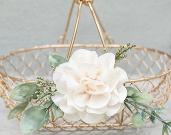 Champagne Gold Flower Girl Basket: Eucalyptus & Ivory Rose Wedding Decor