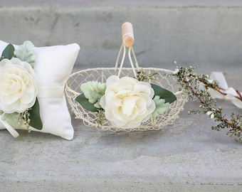 Rustic Flower Girl Basket | Small Flower Girl Gift | Rustic Wire Basket | Barn Wedding Basket | Petite or Large Ivory Basket | Ivory Flower