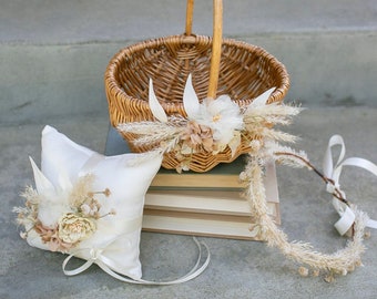 Boho Flower Girl Basket | Rattan Basket + Ring Bearer Pillow Set | Desert Willow Wedding Basket & Crown | Boho Decorated Flower Girl Basket