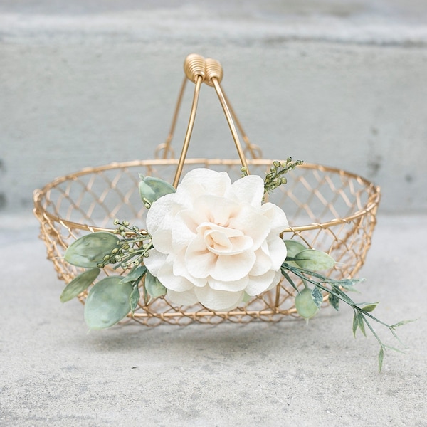 Champagne Gold Metallic Flower Girl Basket | Golden Wedding or Gift Basket | Modern, Decorated Flower Girl Basket | Gold Glam Wedding Decor