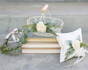 Matching Basket and Pillow Set | Ivory Metal Flower Girl Basket | Linen-look Wedding Ring Pillow | Petite Flower Girl Basket & Pillow