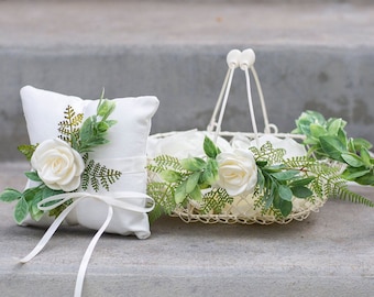 Flower Girl Gift Set | Basket Pillow + Crown Set | Ivory Flower Petal Basket | Metal Wedding Basket | Boho Wedding | Green Flower Crown
