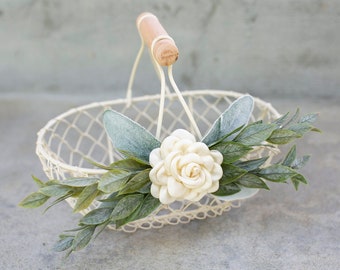 Ivory Flower Girl Basket | Flower Girl Gift | Ivory Mini Wire Basket | Modern Wedding White Basket | Greenery Wedding Decor