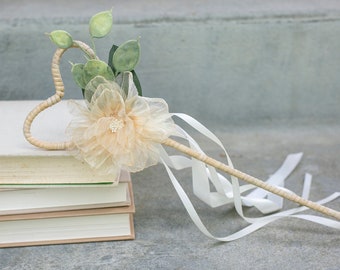 Flower Girl Wand: Heart Rattan, Ivory Ribbon Wedding Accessory