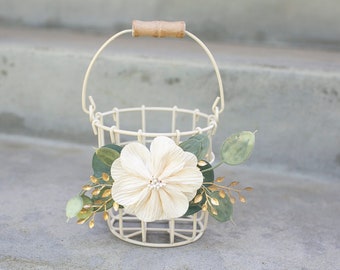 Flower Girl Basket | Petite Ivory Wire Bucket | Matching Wedding Baskets | Toss Petal Basket for Small Flower Girl | Wire Gift Basket