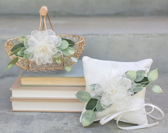 Champagne Gold Flower Girl Basket: Eucalyptus & Ivory Rose Decor