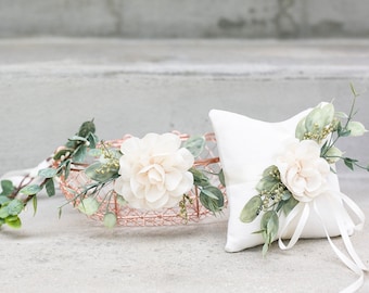 Rose Gold Flower Girl Basket: Eucalyptus & Fabric Rose Wedding Decor