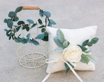 Flower Girl Basket & Ring Pillow | Basket Pillow Set | Ivory Metal Basket | Wedding Ring Cushion | Wedding Basket | Boho Flower Child Bucket