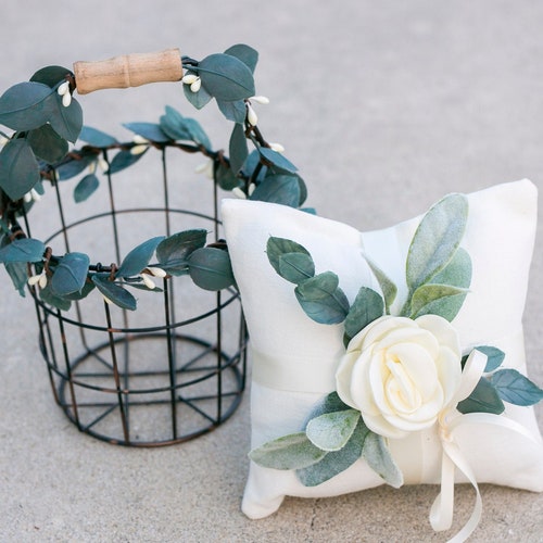 Flower Girl Basket and Ring Pillow Set Small Ivory Wedding Etsy